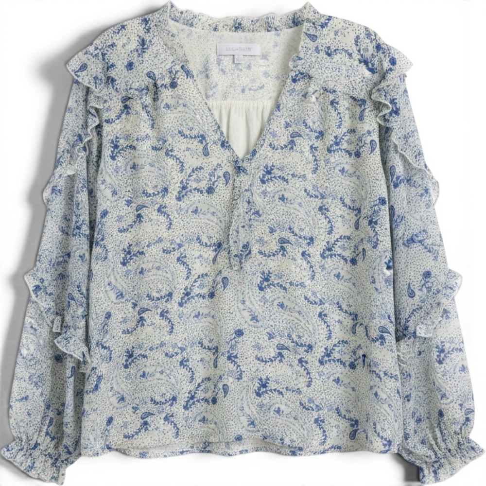 Sugarlips Blue Paisley Ruffle Chiffon Blouse V-Neck Long Sleeve Plus Size 1X
